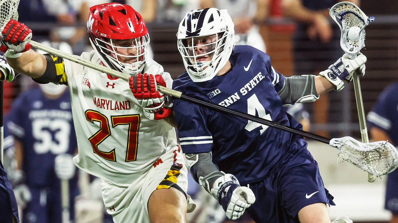 Penn State men's lacrosse player Kyle Lehman dodges against Maryland's Will Schaller in the Big Ten semifinals at Ohio State.