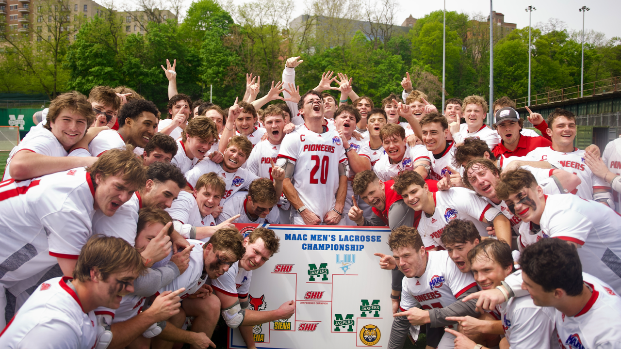 Sacred Heart men's lacrosse celebrates a MAAC championship.