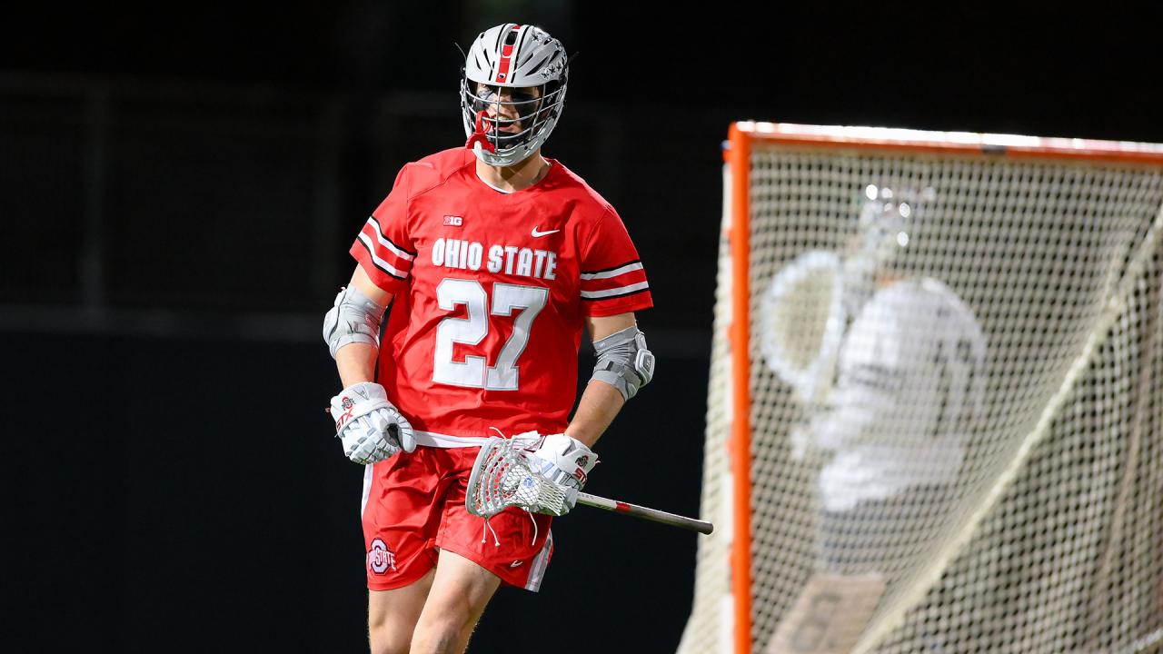 Ohio State's Jack McKenna flexes beside the goal during a game at Penn State earlier this season.