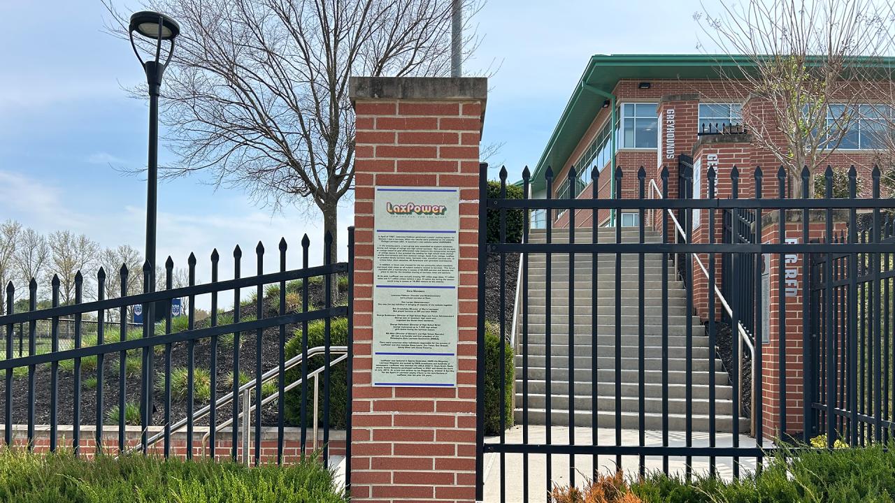 Brick pillar at USA Lacrosse headquarters honoring LaxPower's contributions to lacrosse.