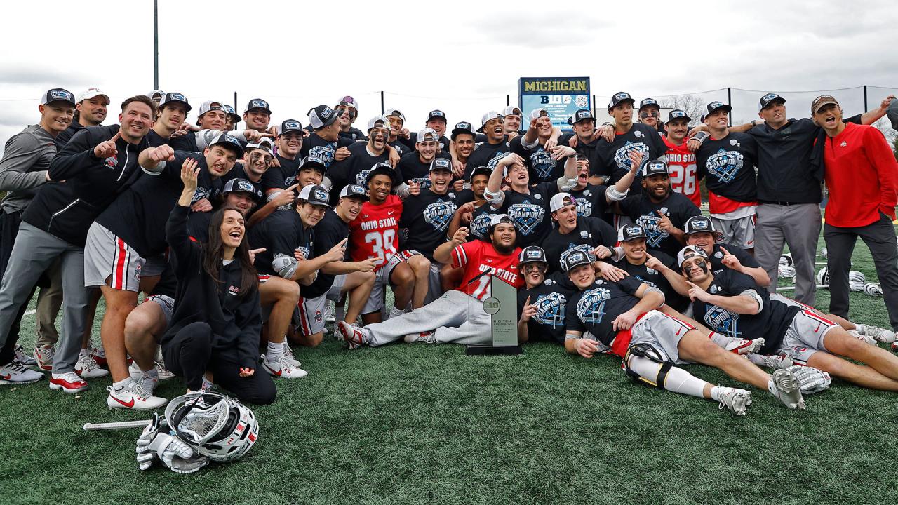 Ohio State men's lacrosse team group photo after beating Michigan to win the Big Ten regular season.