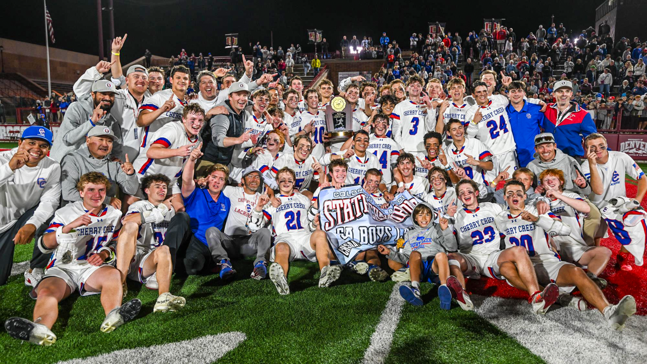 Cherry Creek (Colo.) boys' lacrosse team photo celebrating 2025 CHSAA championship