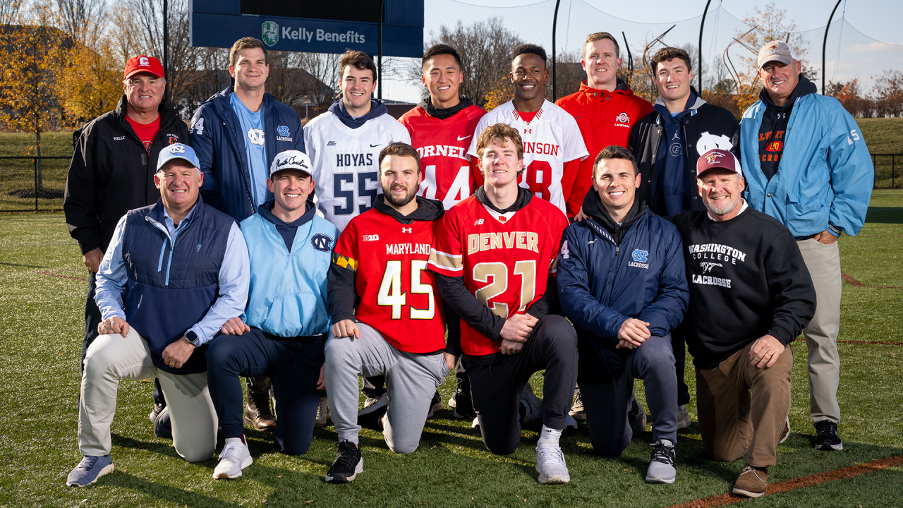 A portrait at USA Lacrosse featuring four Kelly brothers and their college lacrosse-playing sons