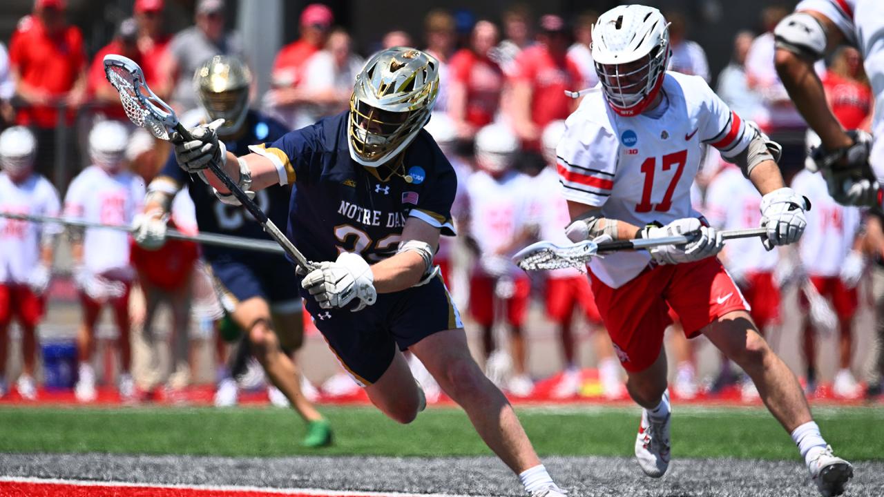Will Lynch wins a faceoff for Notre Dame against Ohio State.