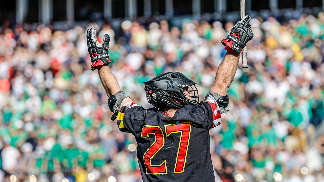 Maryland defenseman Will Schaller gestures to the crowd at Bobby Dodd Stadium in Atlanta during a neutral-site game against Notre Dame.