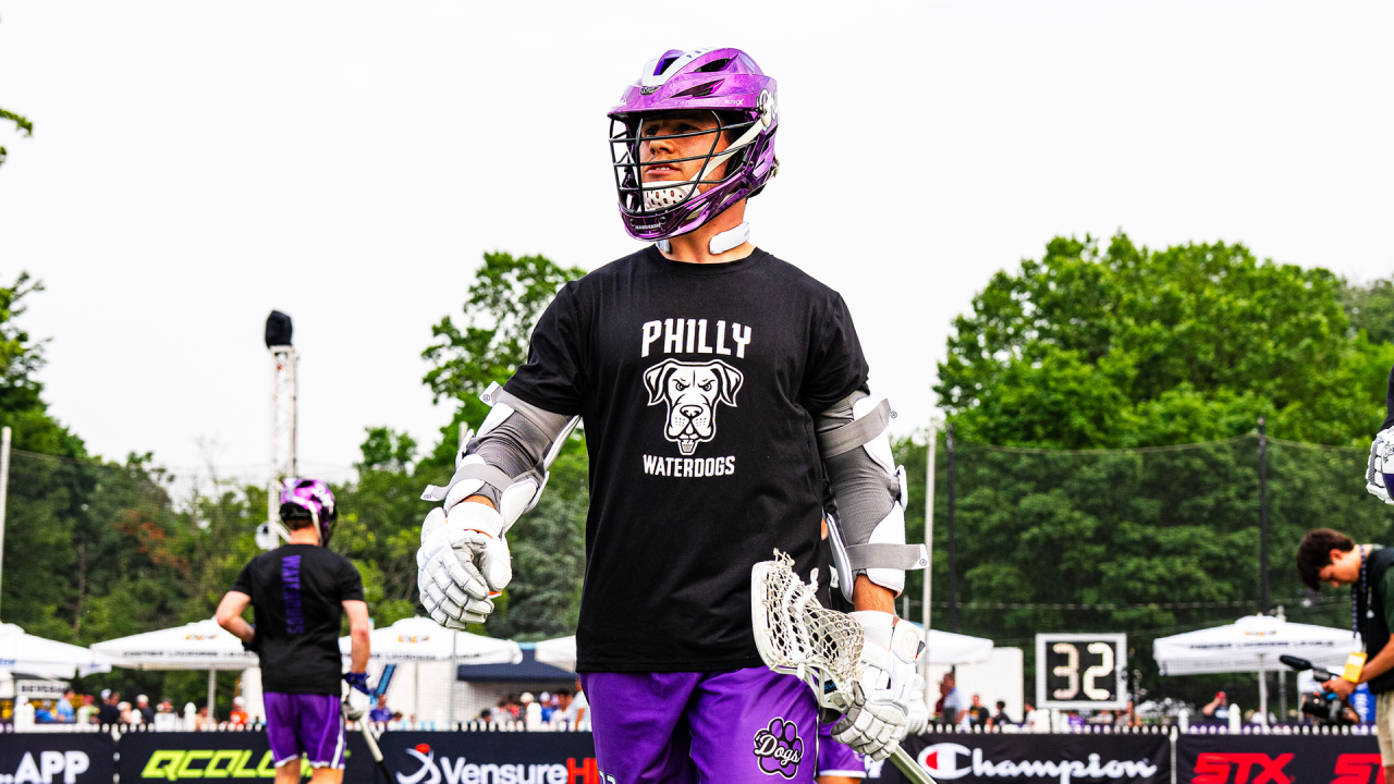 Michael Sowers in a "Philly Waterdogs" warmup shirt before a game at Villanova Stadium in Villanova, Pa.