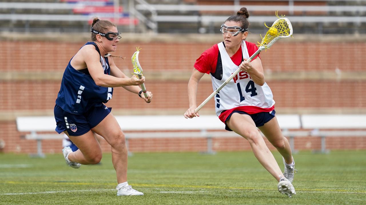 Cassidy Weeks covers Kenzie Kent during a recent USA Lacrosse training camp