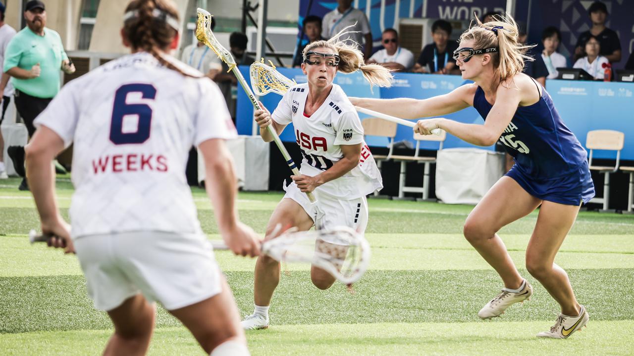 Ally Kennedy weaves through traffic against Czechia at The World Games in China