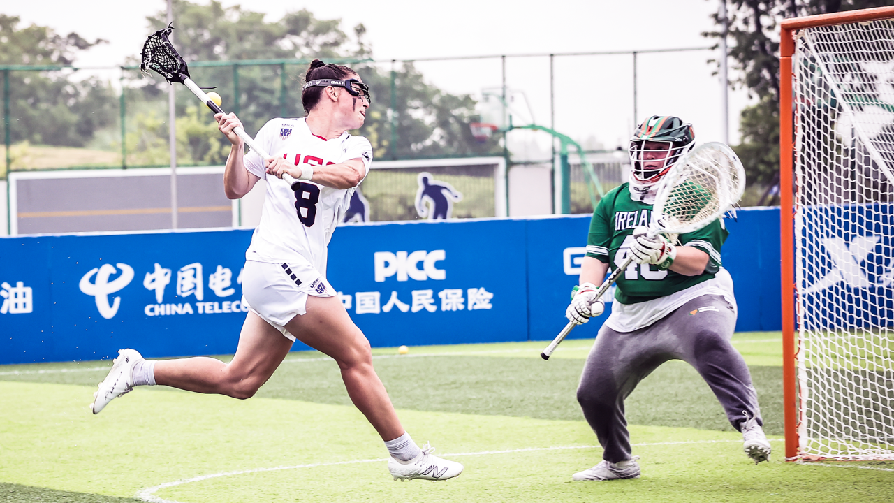 U.S. attacker Charlotte North rips a behind-the-back shot on the run to beat Ireland goalie Haley Crosson.