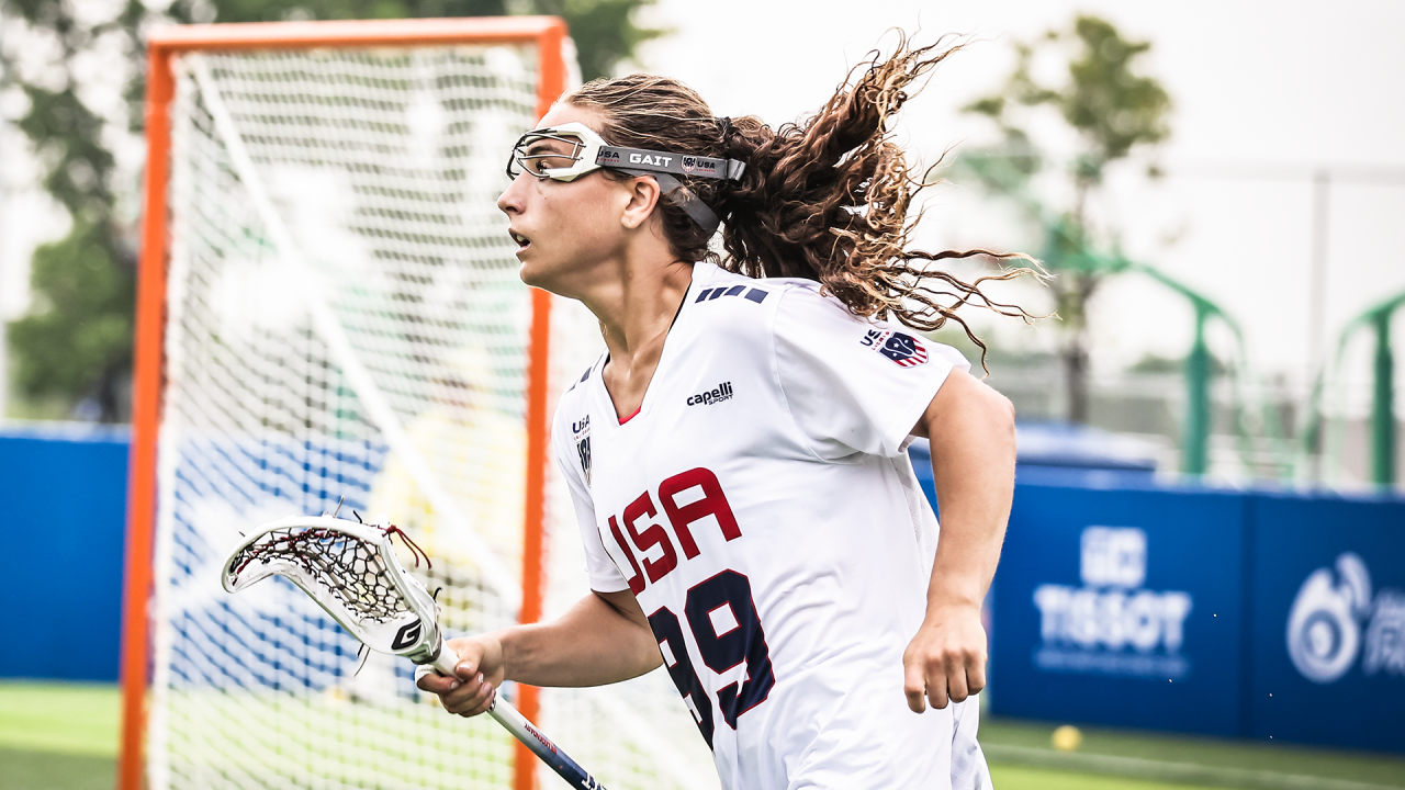 Ellie Masera races back on defense after scoring in the United States' World Games opener against Ireland in Chengdu, China.