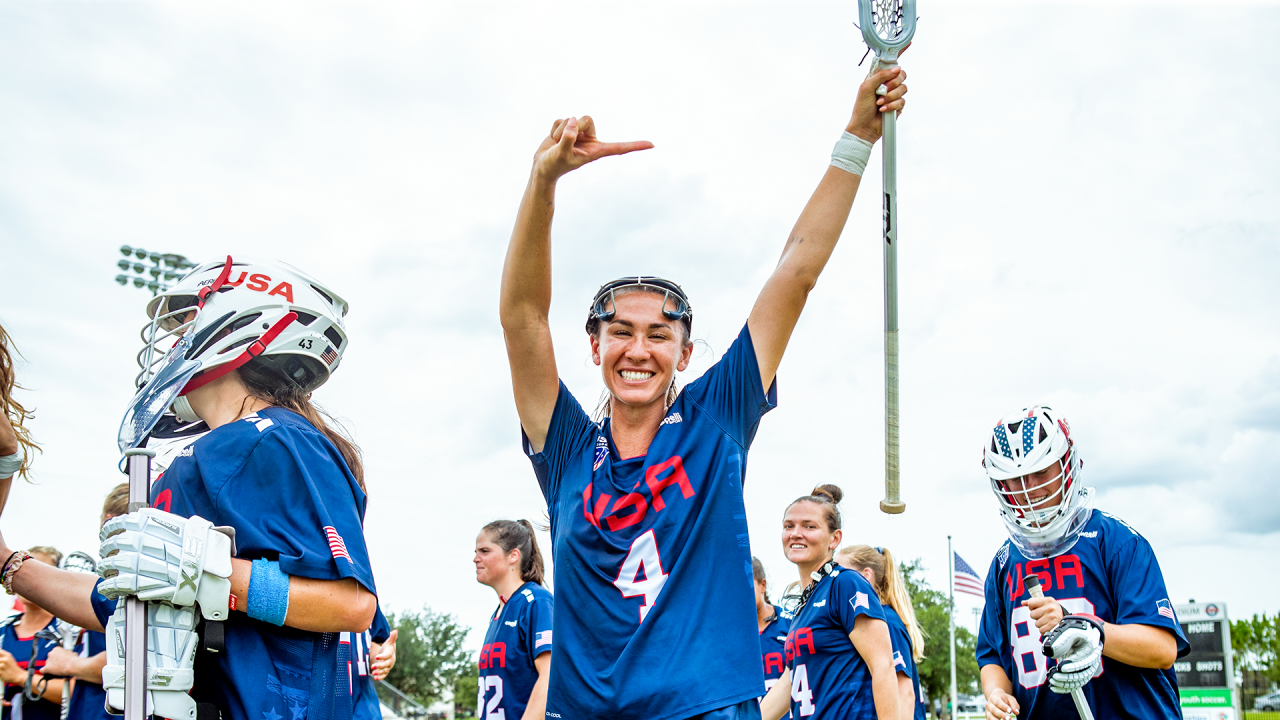 U.S. National Team midfielder Marie McCool celebrating at the Pan-American Women's Lacrosse Championship in Auburndale, Fla.