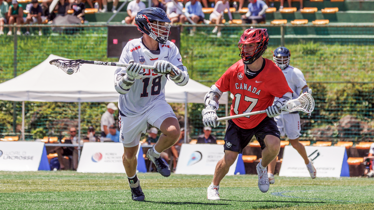 USA's Rowyn Nurry in action against Canada at the World Lacrosse Men's U20 Championship
