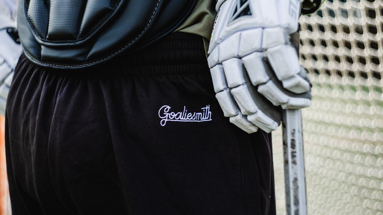 Close-up of lacrosse goalie in Goaliesmith sweatpants