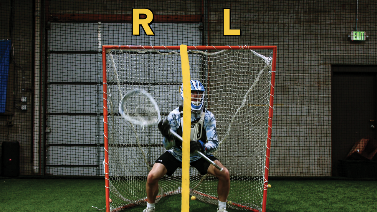 Goaliesmith Pro screen shot of a lacrosse goalie in ready stance with graphics dividing the goal into right and left sections