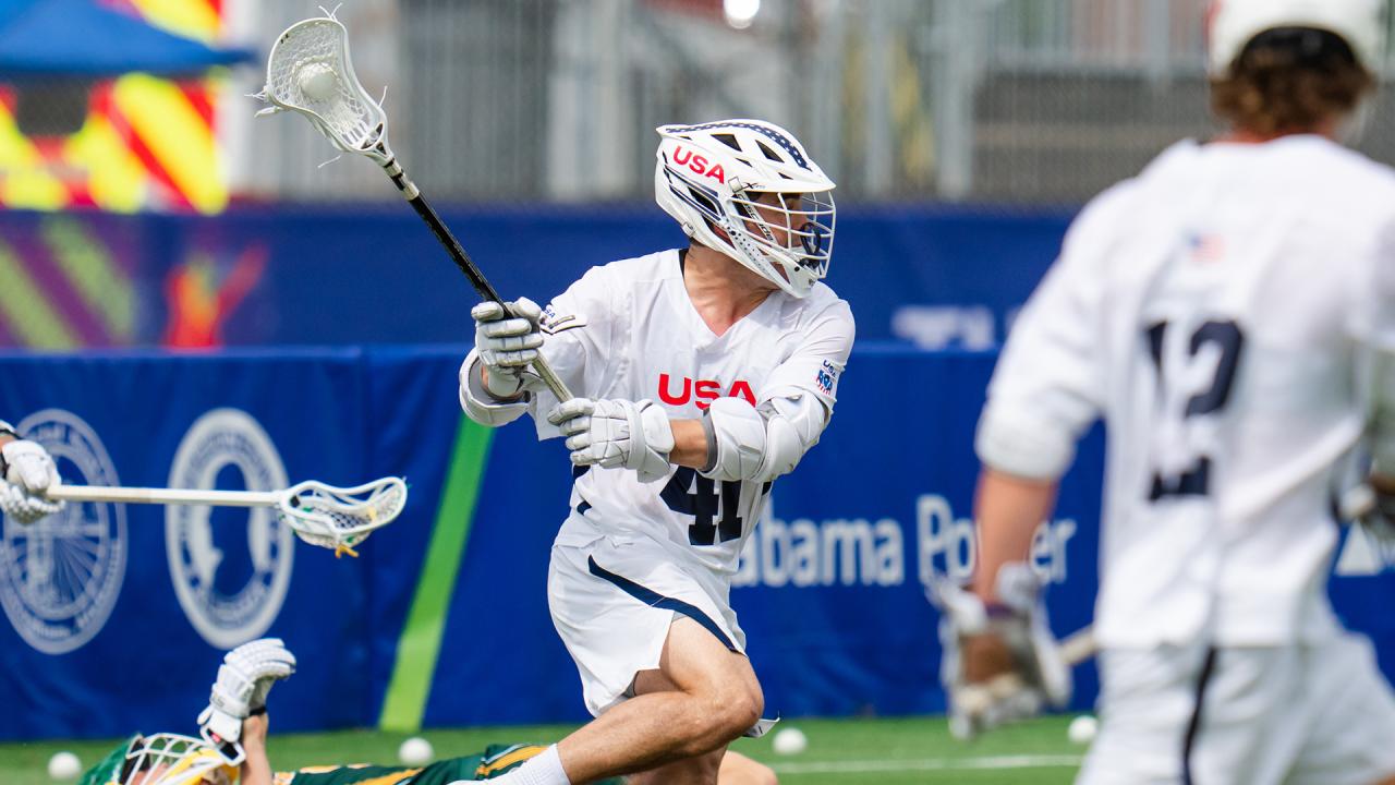 Matt Brandau beats his defender during a drive to the goal at the World Games in 2022