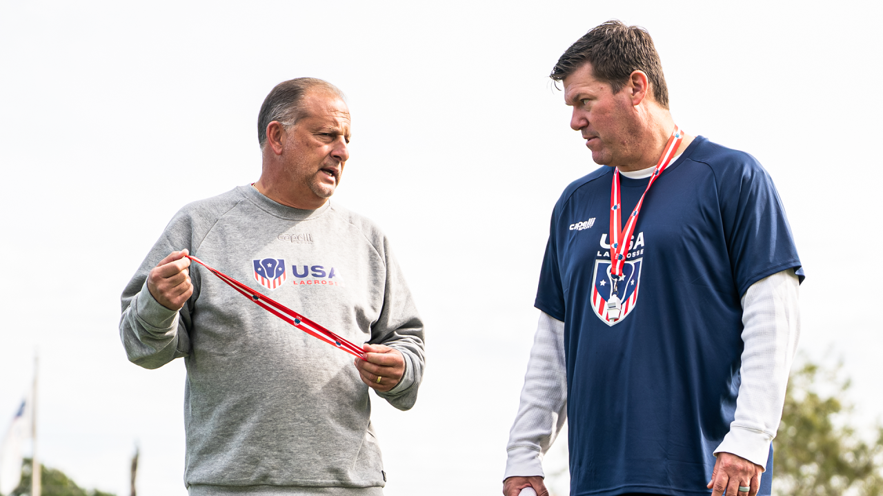 Seth Tierney and Kevin Warne chat during the U.S. Men's National Team training camp at USA Lacrosse in Sparks, Md.