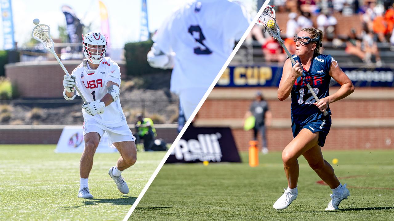 Dual image with Connor Shellenberger and Ally Mastroianni each carrying the lacrosse ball