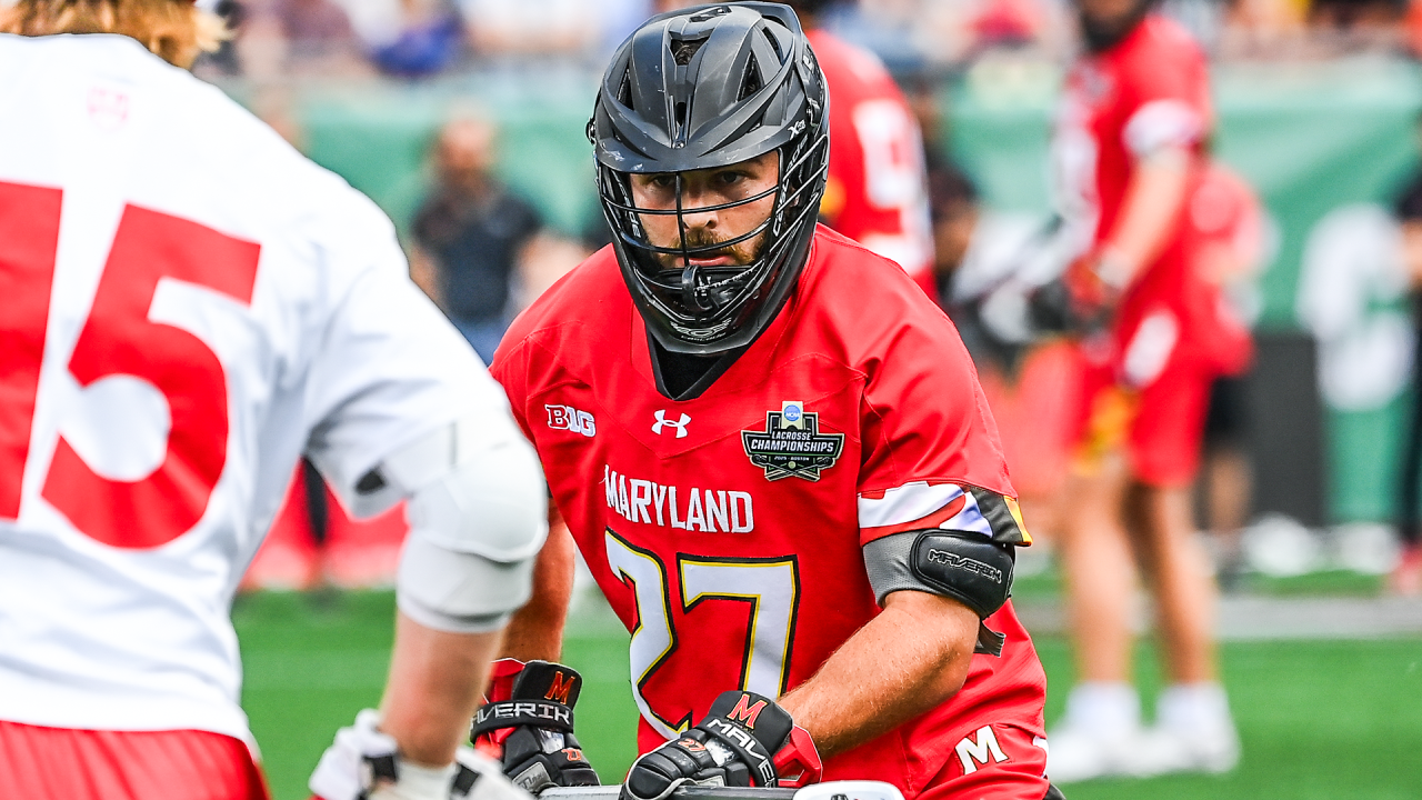 Maryland defenseman Will Schaller defends Cornell's CJ Kirst in the 2025 NCAA men's lacrosse championship at Gillette Stadium in Foxborough, Mass.