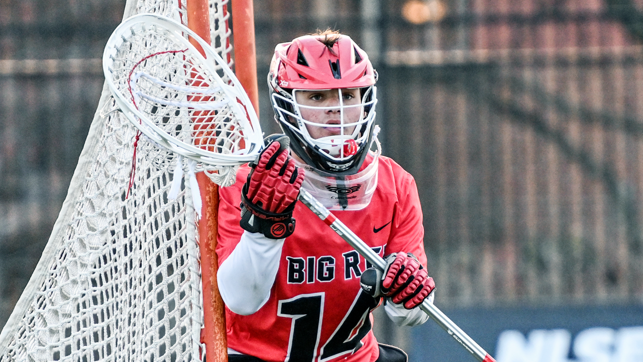 Lawrenceville (N.J.) boys' lacrosse goalie Jett Stake takes position during a 2025 game at Calvert Hall (Md.).