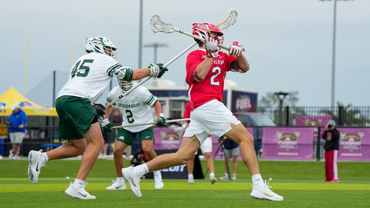 Colin Kelly shoots during Rutgers lacrosse game against Jacksonville on Saturday