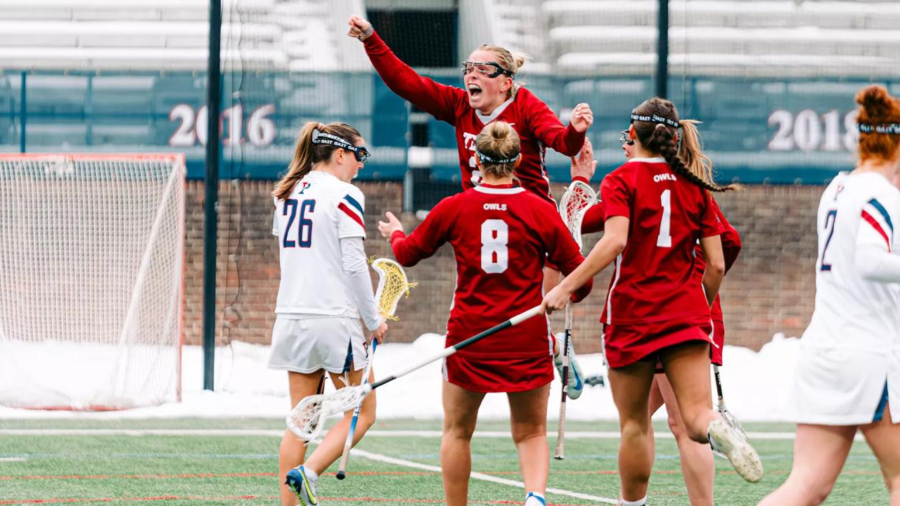 Temple women's lacrosse celebrates against Penn