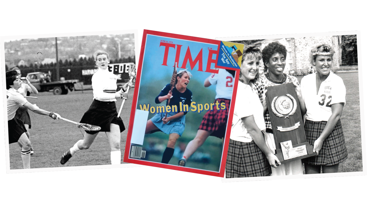 Collage of photos from the Title IX era of women's lacrosse