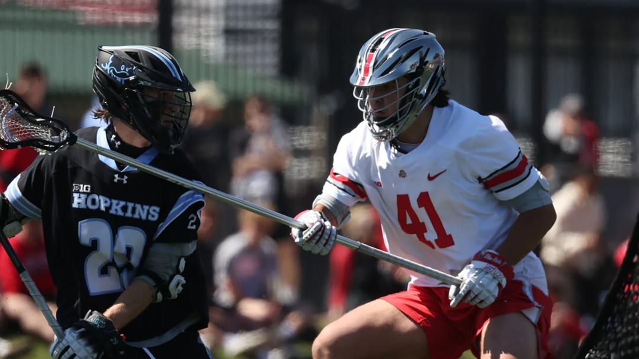 Kyle Foster locks down a Johns Hopkins player during the Buckeyes 7-6 win