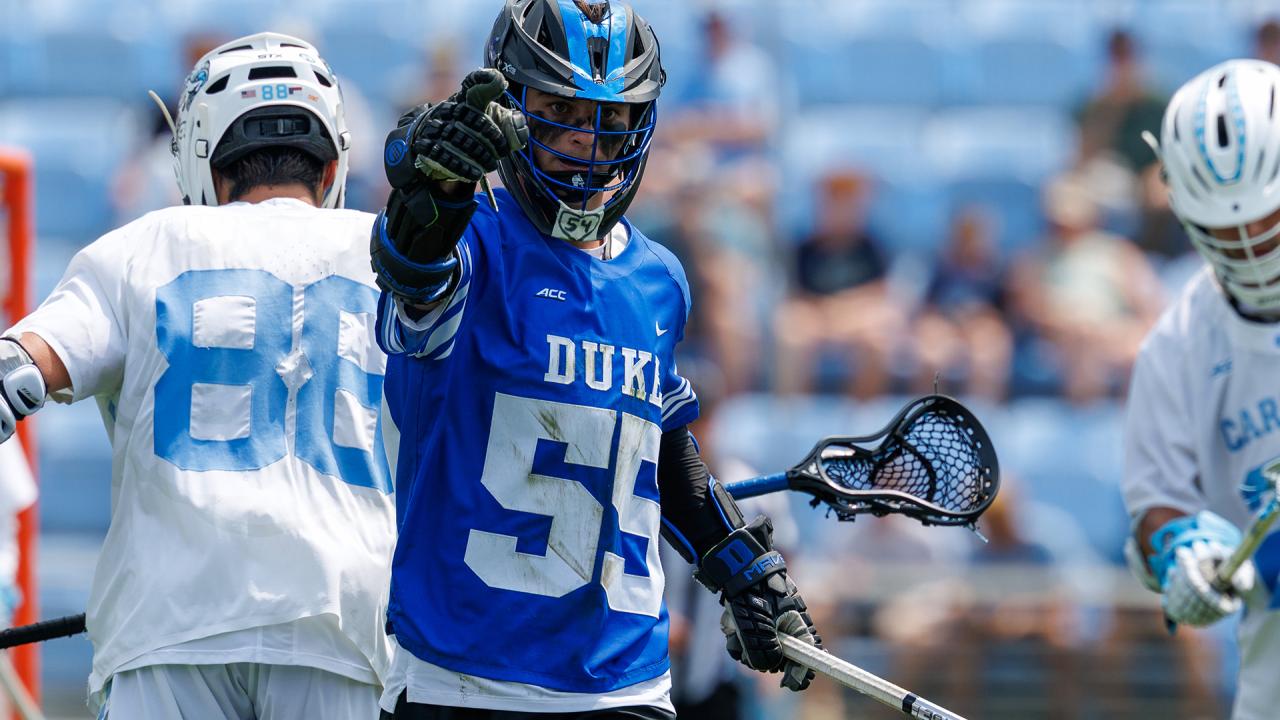 Duke's Liam Kershis points to the crowd after scoring a goal against North Carolina