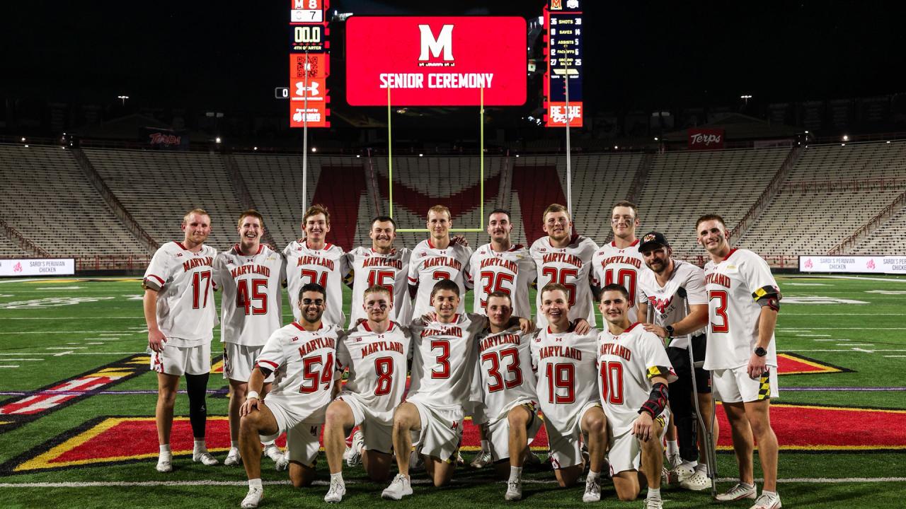 Maryland seniors in a group photo after beating Ohio State in overtime