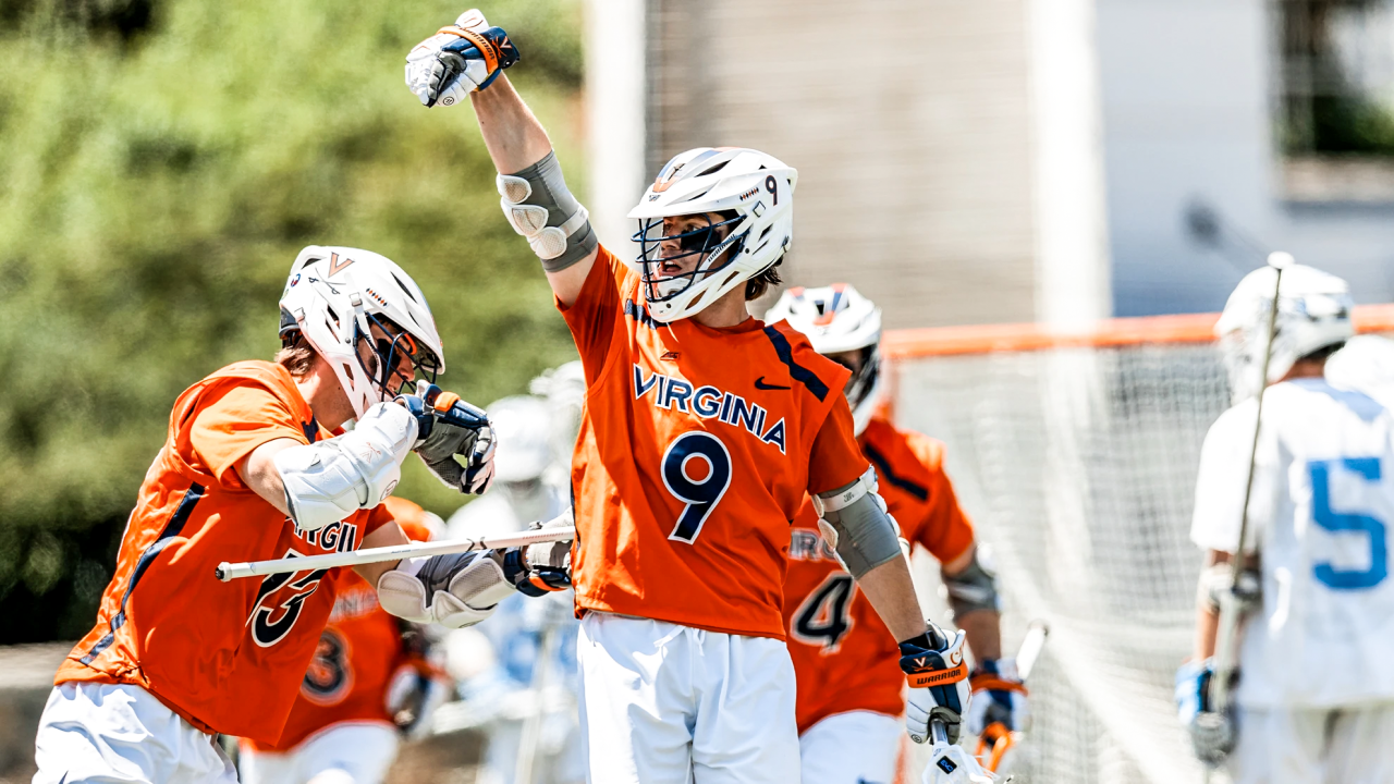 McCabe Millon celebrates a goal with a basketball follow-through gesture during the ACC championship game in Charlotte, N.C.