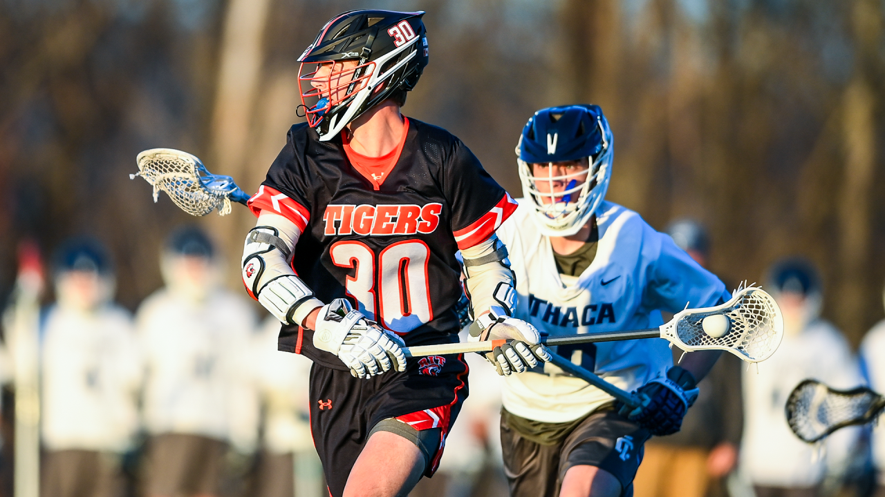 RIT men's lacrosse player Ryan Sanders pictured in action against Ithaca