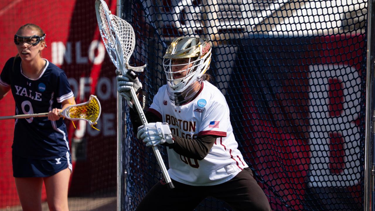 Shea Dolce guards the goal for Boston College during an NCAA tournament game against Yale