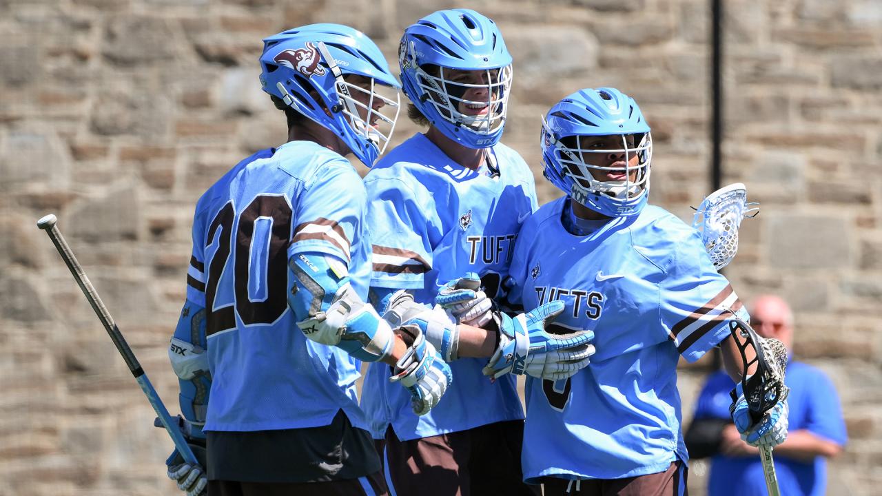 A group of Tufts players huddle during a game against Hamilton earlier this season