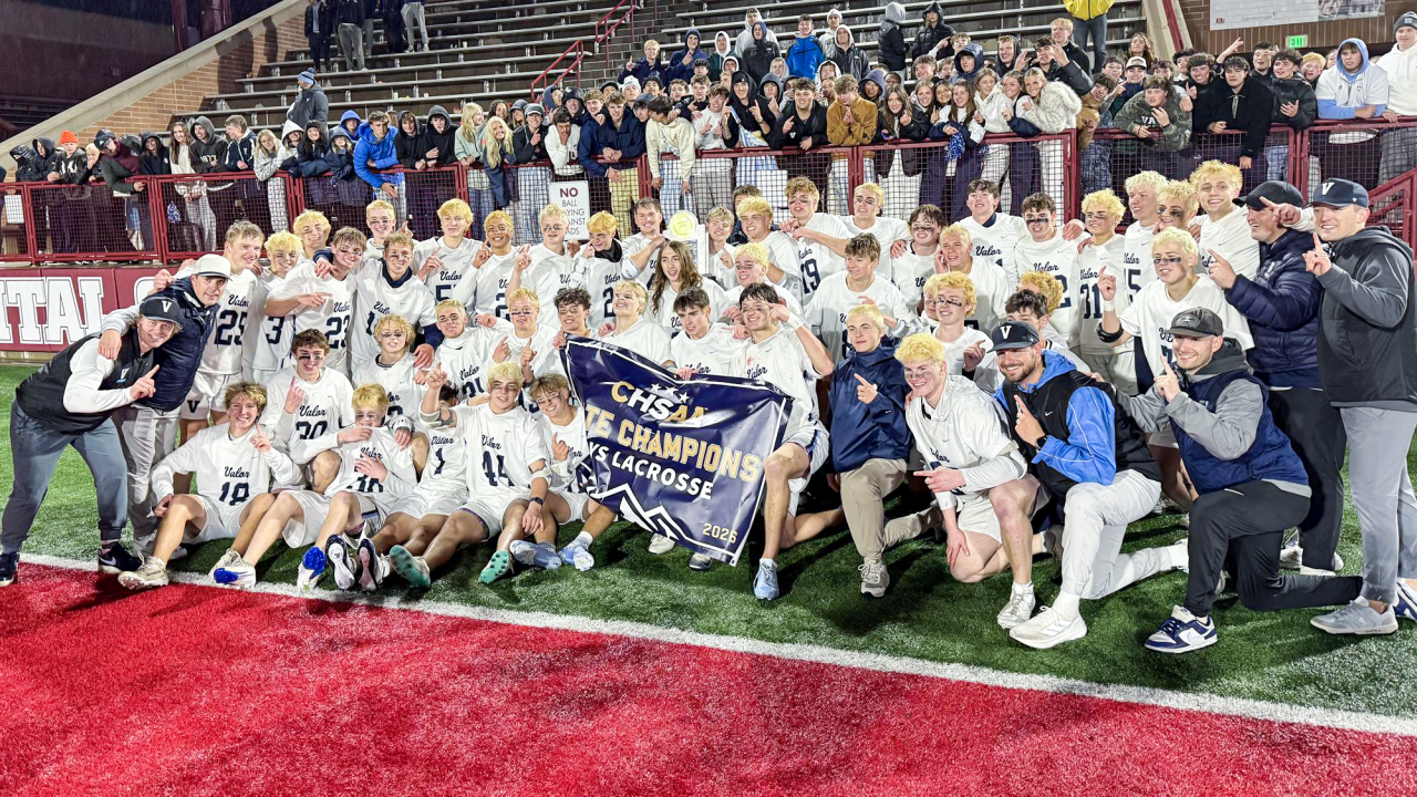Colorado high school lacrosse state champion Valor Christian (Colo.) with title banner