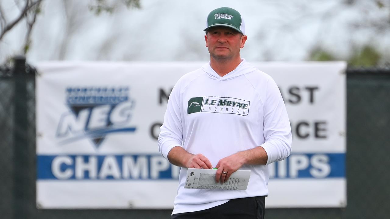 Le Moyne lacrosse coach Dan Sheehan on the sideline during the Northeast Conference championships
