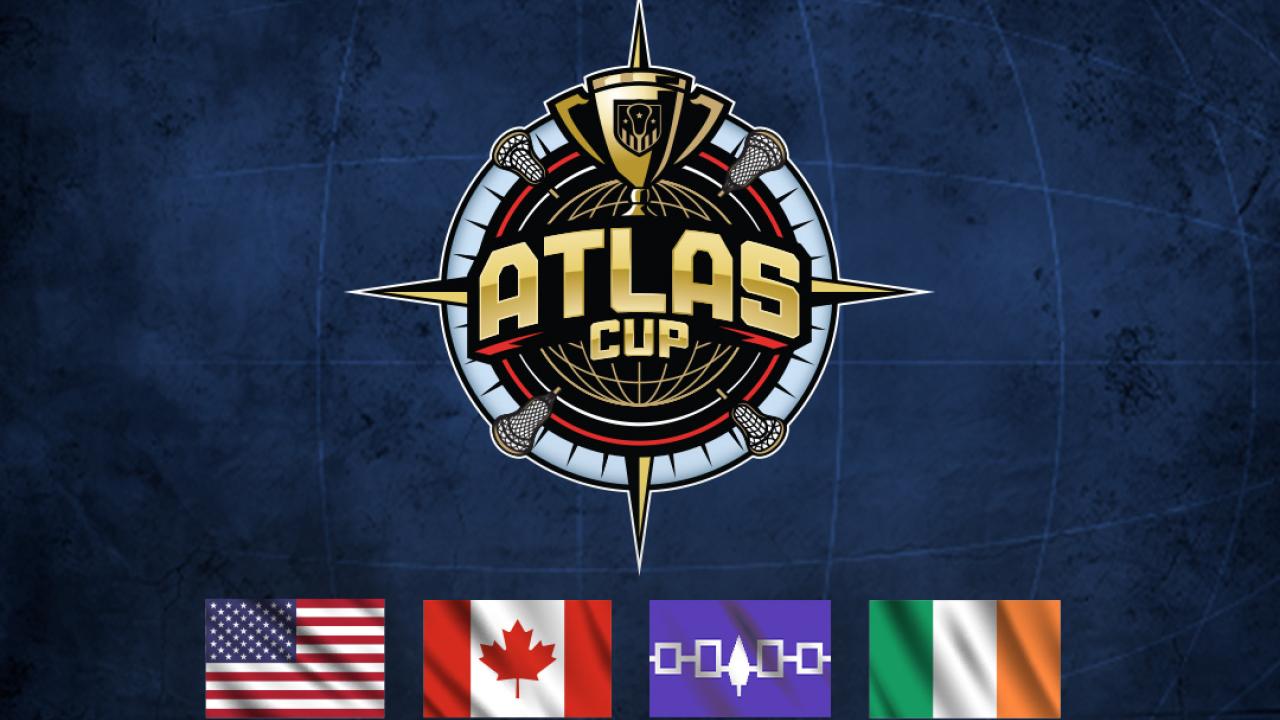 Atlas Cup logo with USA, Canada, Haudenosaunee and Ireland flags on a blue background