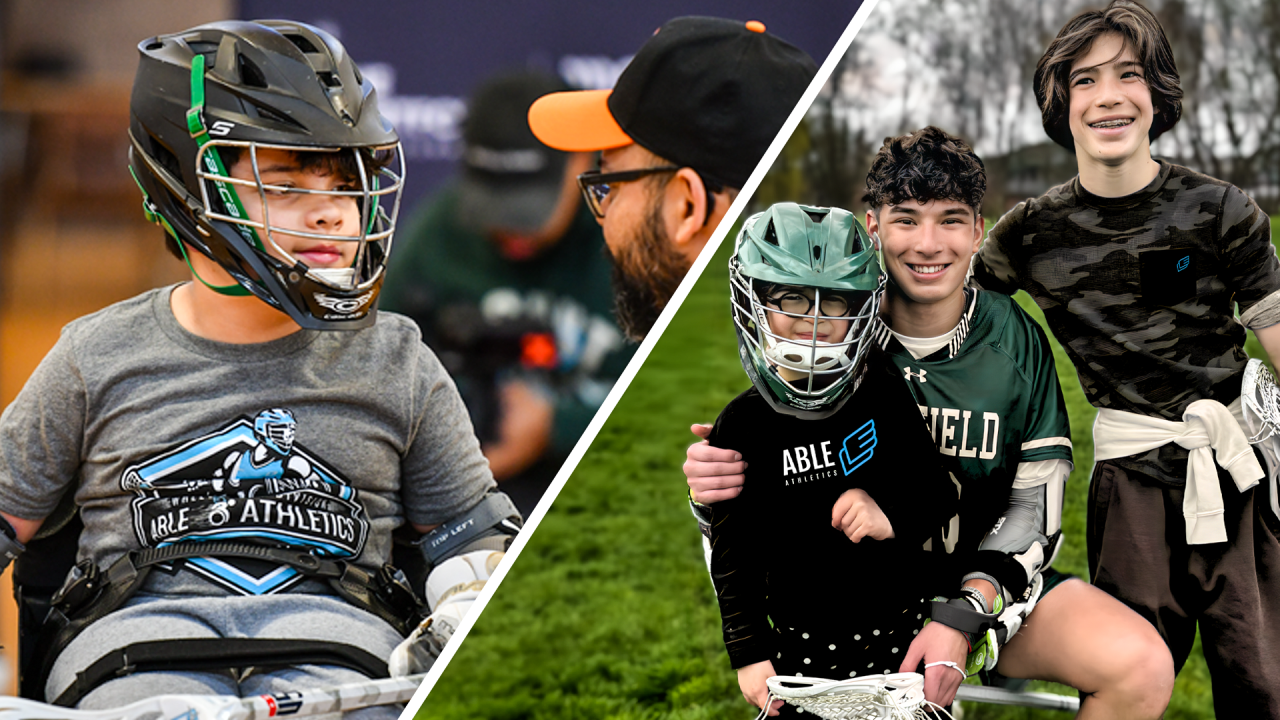 Split image of Able Athletics wheelchair lacrosse athlete on left and Dias brother Rowan and Christian with their sister, Elle, on the right
