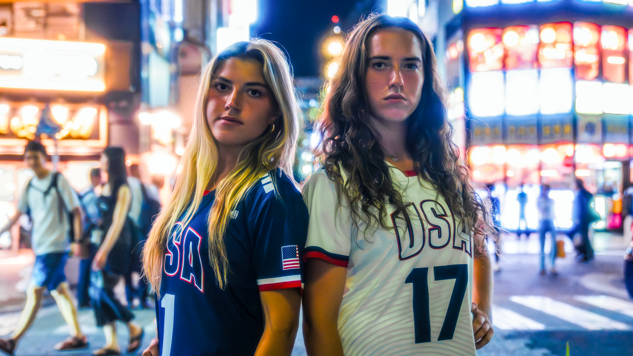 Chloe Humphrey (1) and Brigid Duffy (17) show off the new U.S. Women's National Team uniforms in Tokyo.