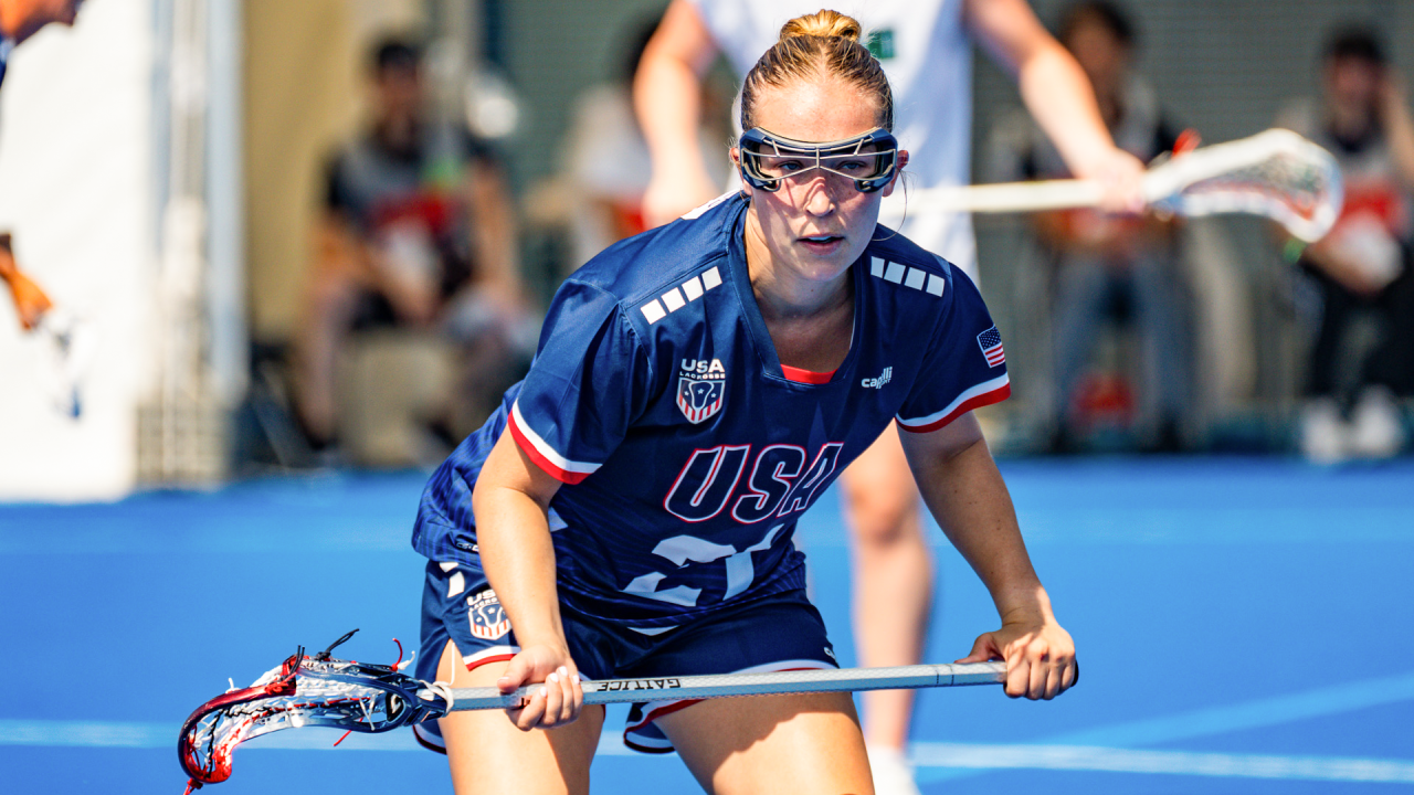 USA defender Katie Goodale in position against Ireland at the World Lacrosse Women's Championship in Tokyo, Japan