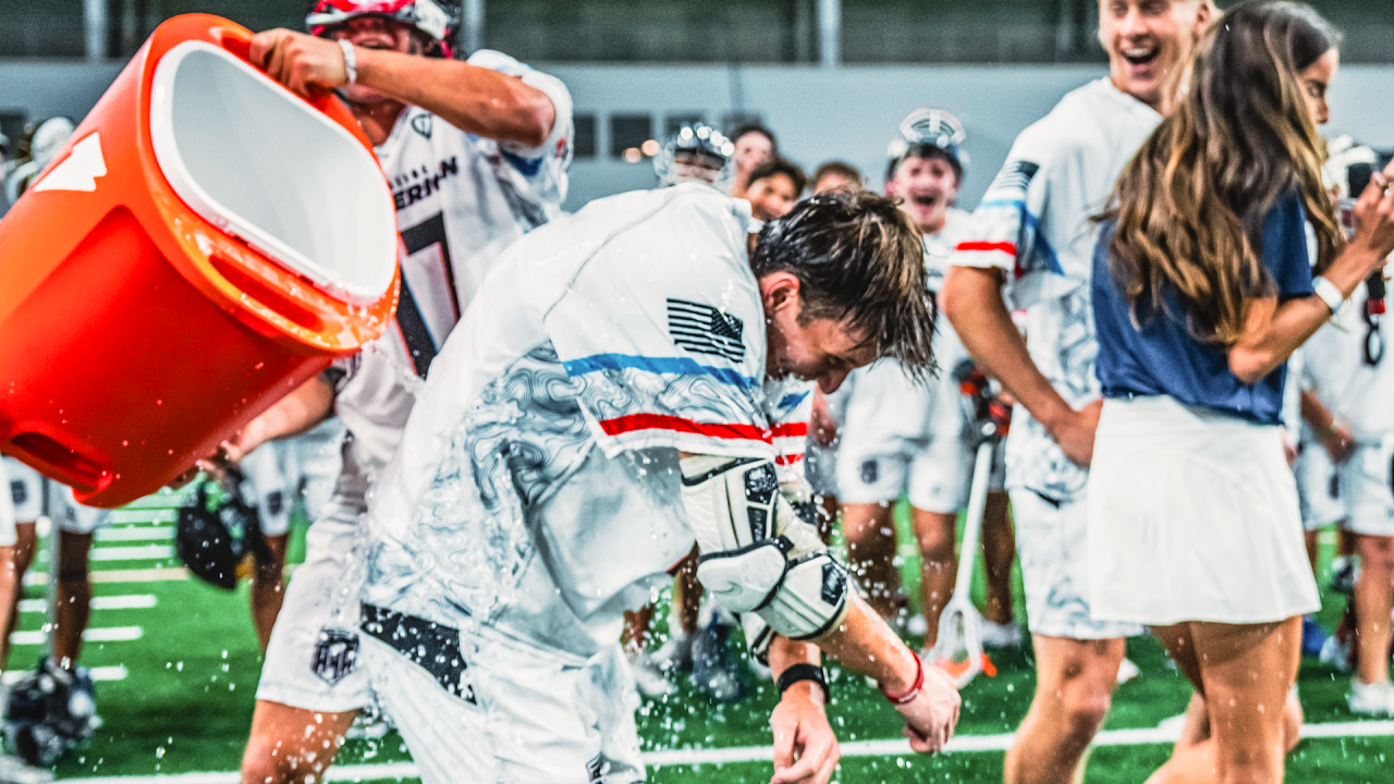 Landon Johnson gets doused after scoring the game-winning goal for Team North in the Adrenaline All-American Senior Game at The Star in Frisco, Texas.