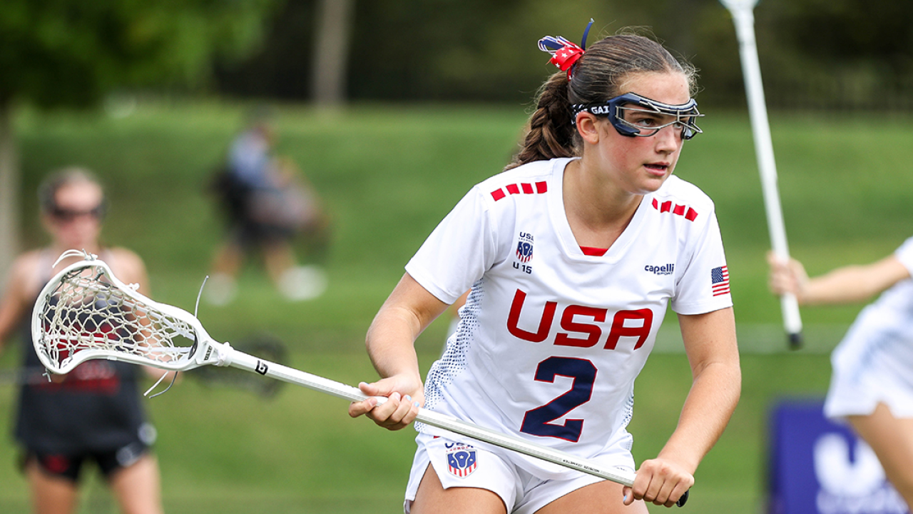 Margaret Dusseau pictured playing for the USA Lacrosse Youth National Team at the 2025 Rivalry Challenge