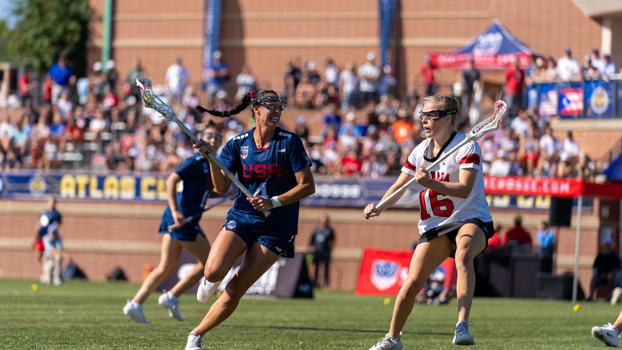 Marie McCool carries the lacrosse ball against Canada at the 2025 Atlas Cup