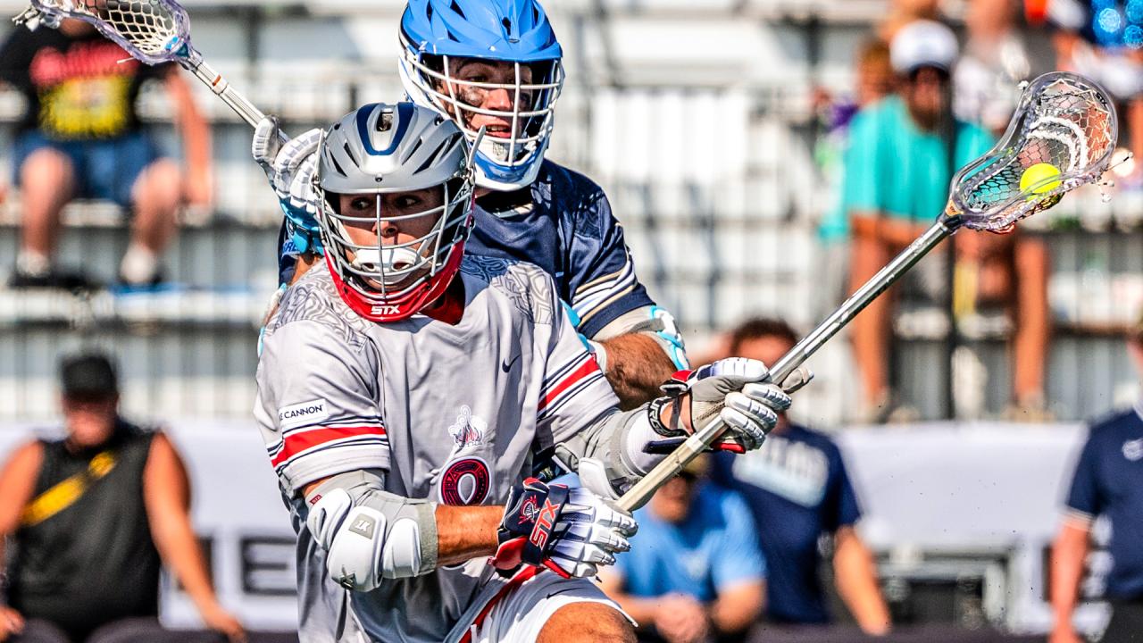 Boston Cannons rookie attackman Mikey Weisshaar gets inside a New York Atlas defender during a Premier Lacrosse League game.