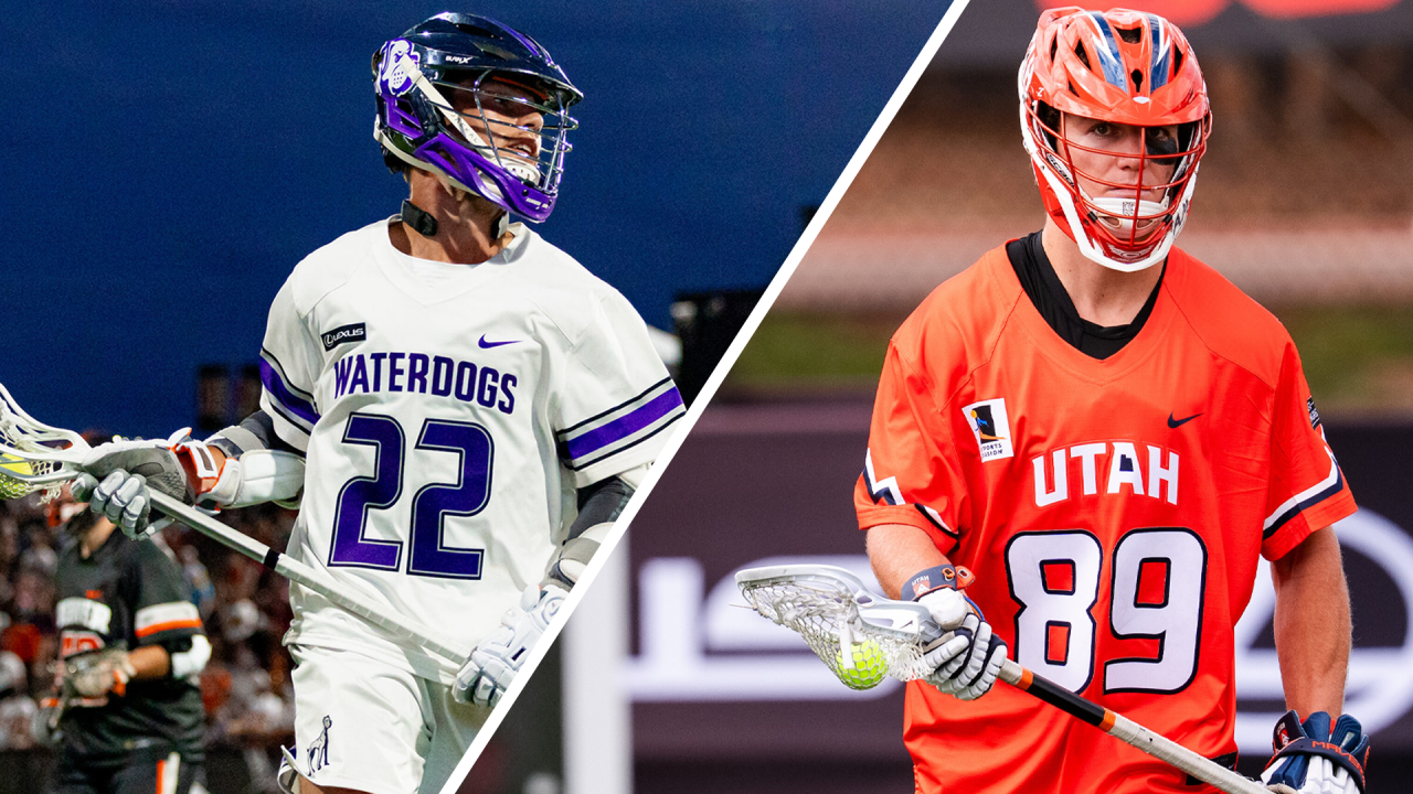 Split image of Philadelphia Waterdogs attackman Michael Sowers and Utah Archers SSDM Beau Pederson in Denver