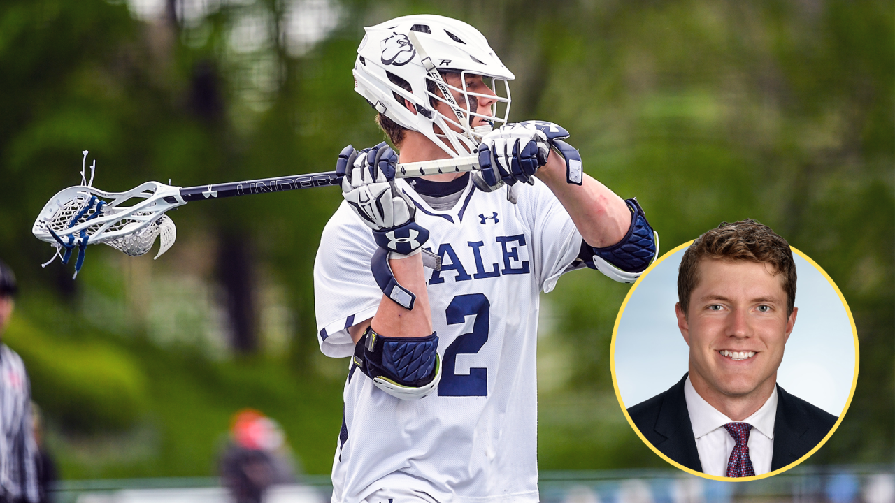 Ben Reeves in action with Yale men's lacrosse in 2018 composited with current head shot from Arizona’s Barrow Neurological Institute