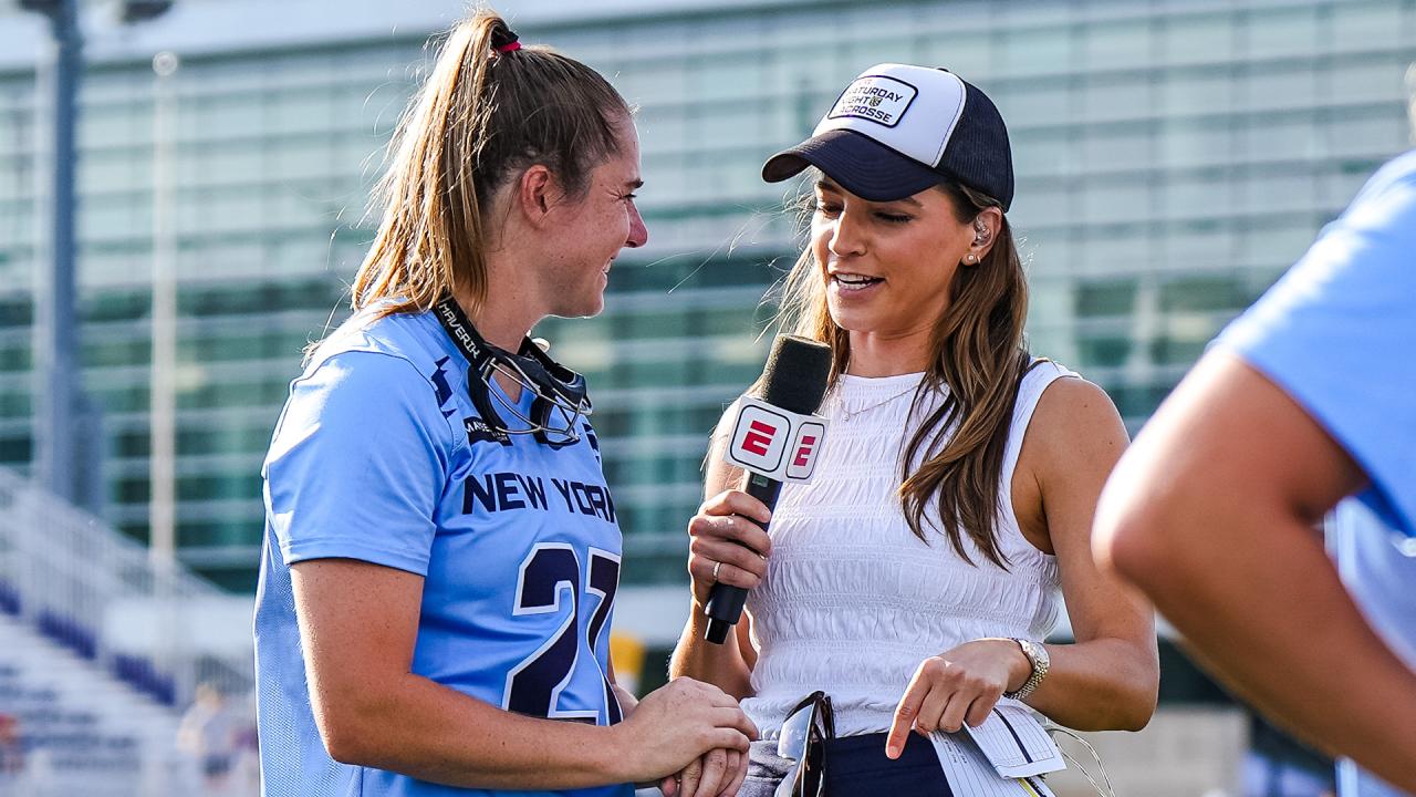 ESPN sideline reporter Dana Boyle interviews New York Charging attacker Izzy Scane after a Women's Lacrosse League game.