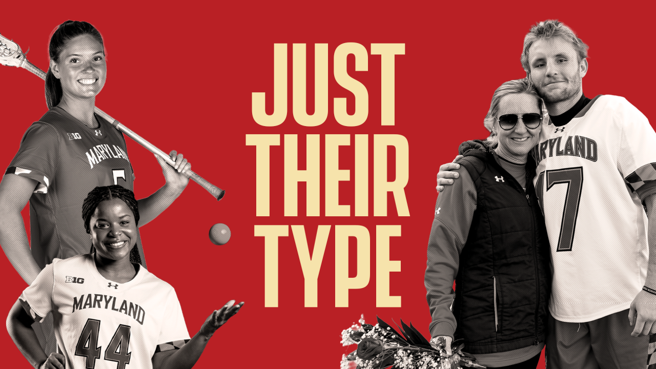 Graphic with photos of Maryland lacrosse players Kayla Gilmore, Kennedy Major and Riley Reese as well as women's lacrosse coach Cathy Reese with son, Reilly