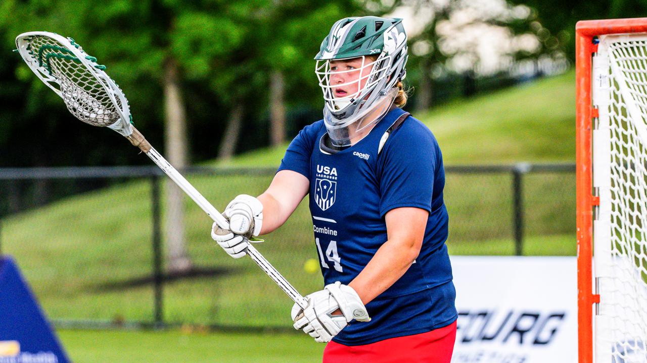 Goalie Murphy Holden throws an outlet pass during a scrimmage at the USA Lacrosse National Team Development Program U17 National Combine in Sparks, Md
