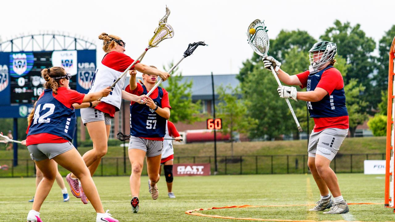 Goalie Murphy Holden stops a shot during a scrimmage at the USA Lacrosse National Team Development Program U17 National Combine in Sparks, Md
