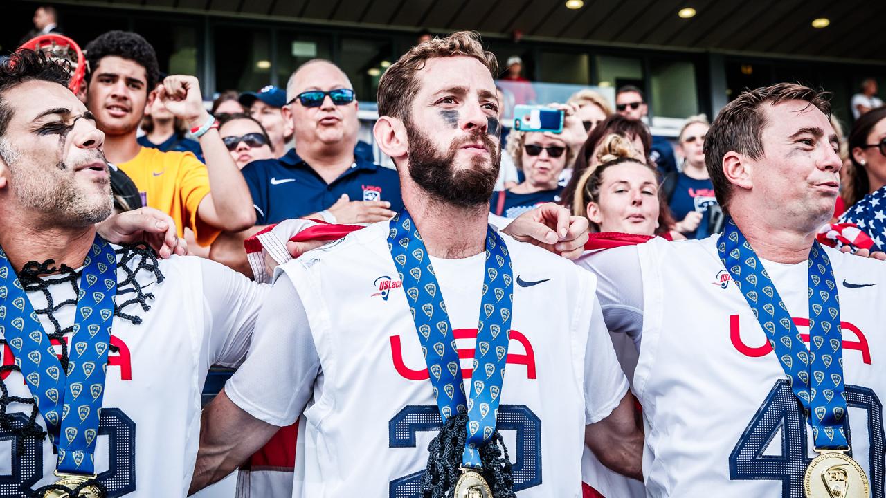 Ned Crotty with a gold medal around his neck following the 2018 world title game